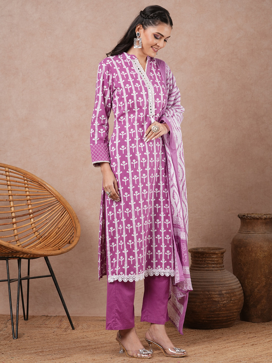 Ethnic Printed & Embroidered Straight Fit Kurta with Palazzo and Dupatta - Purple