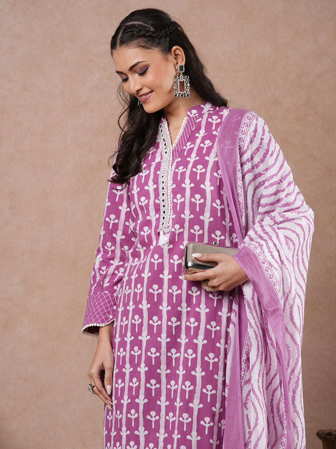 Ethnic Printed & Embroidered Straight Fit Kurta with Palazzo and Dupatta - Purple