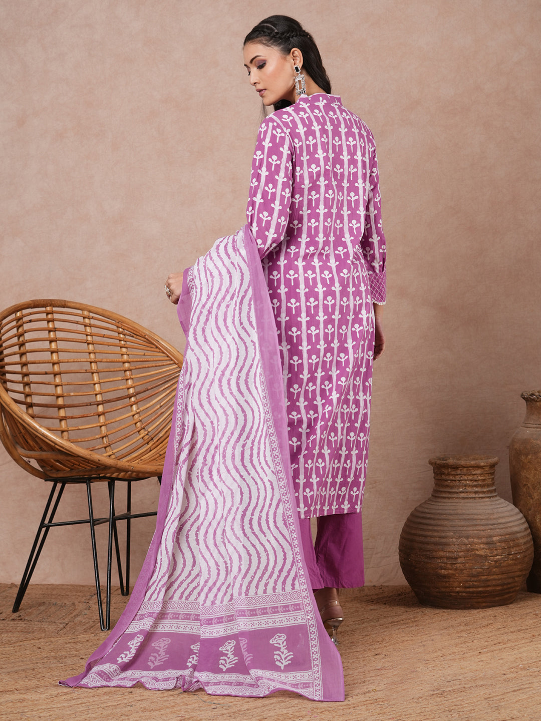 Ethnic Printed & Embroidered Straight Fit Kurta with Palazzo and Dupatta - Purple