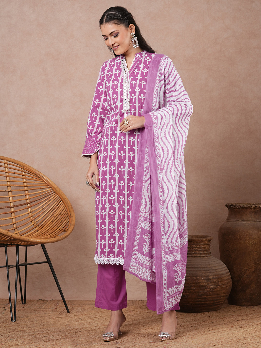 Ethnic Printed & Embroidered Straight Fit Kurta with Palazzo and Dupatta - Purple