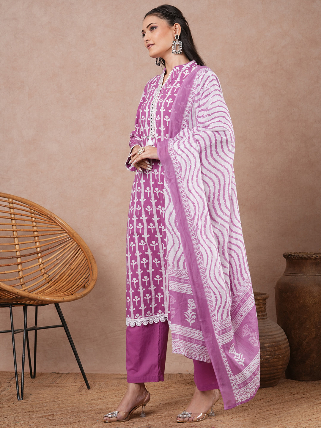 Ethnic Printed & Embroidered Straight Fit Kurta with Palazzo and Dupatta - Purple