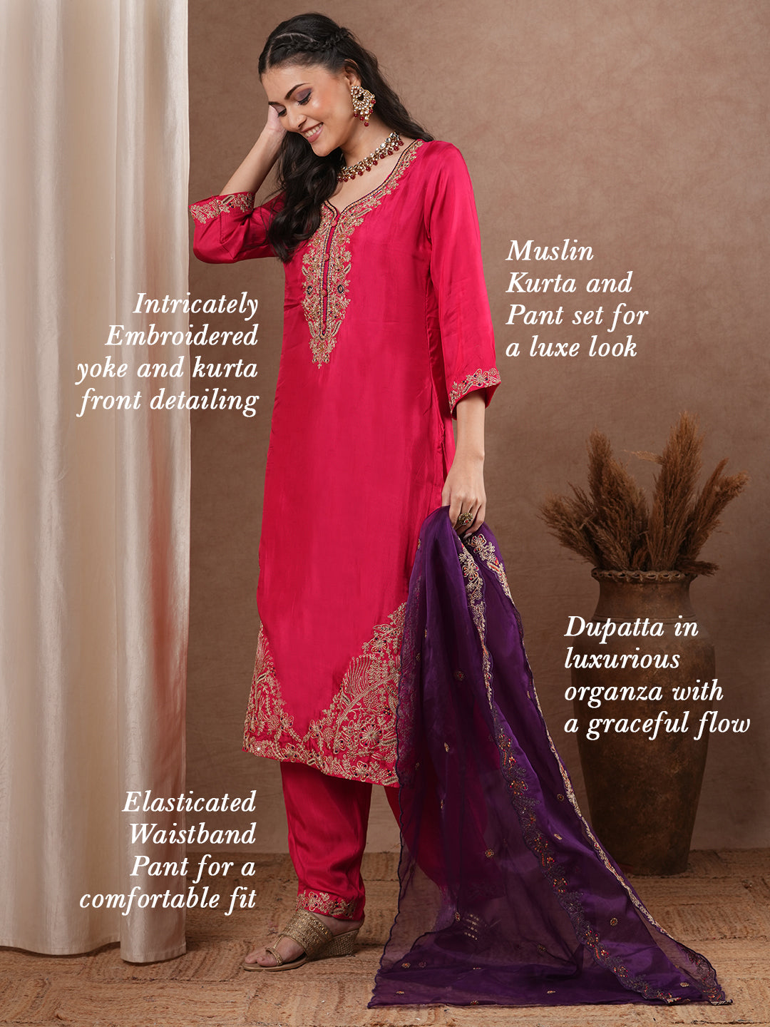 Solid Floral Embroidered Straight Fit Kurta with Pant and Dupatta - Pink