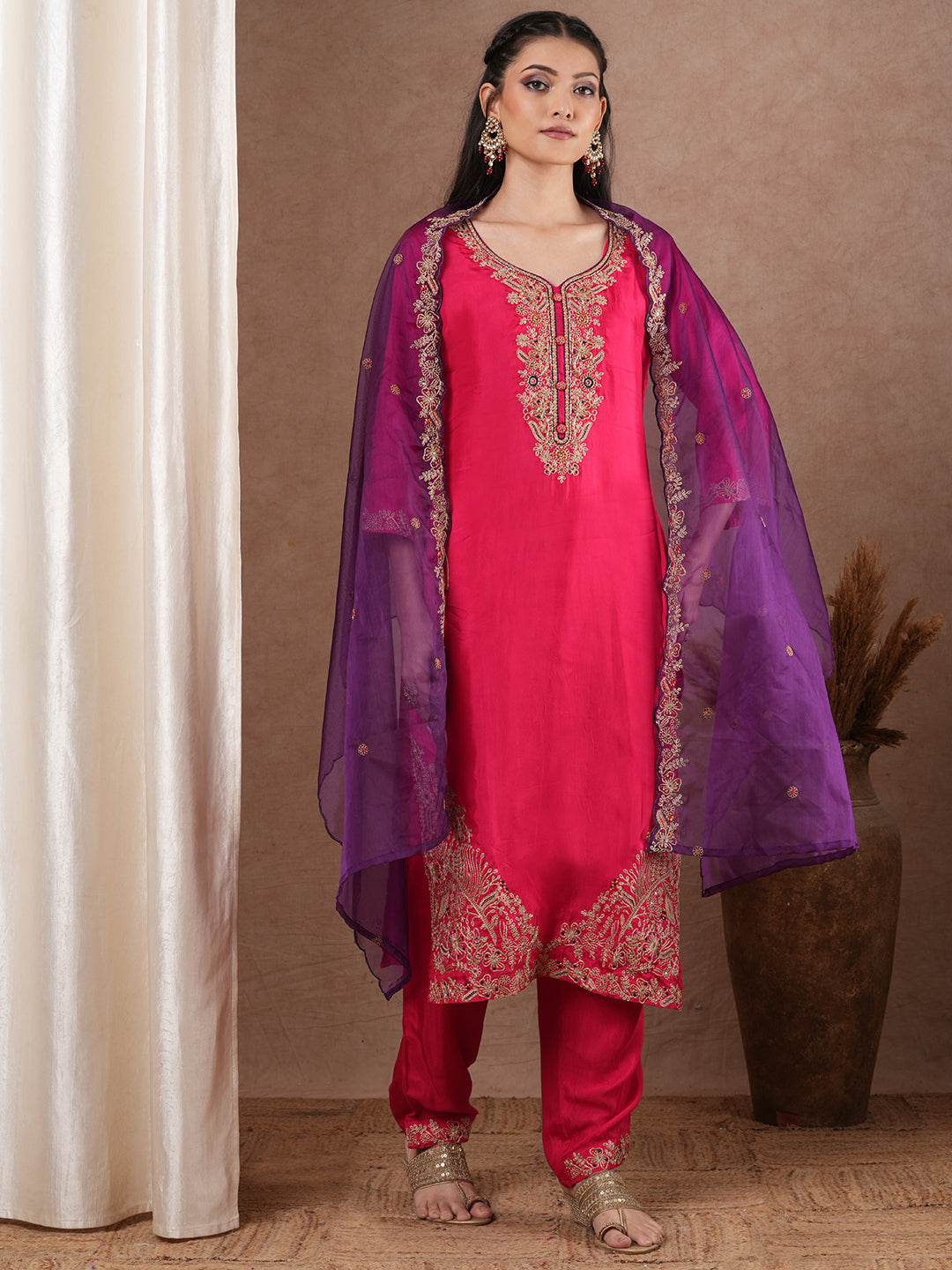 Solid Floral Embroidered Straight Fit Kurta with Pant and Dupatta - Pink