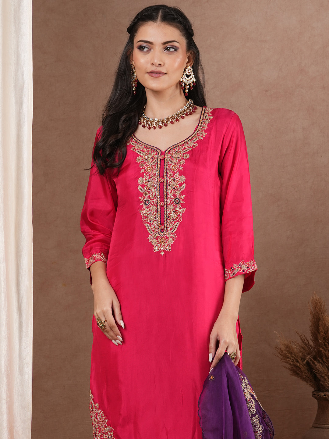 Solid Floral Embroidered Straight Fit Kurta with Pant and Dupatta - Pink