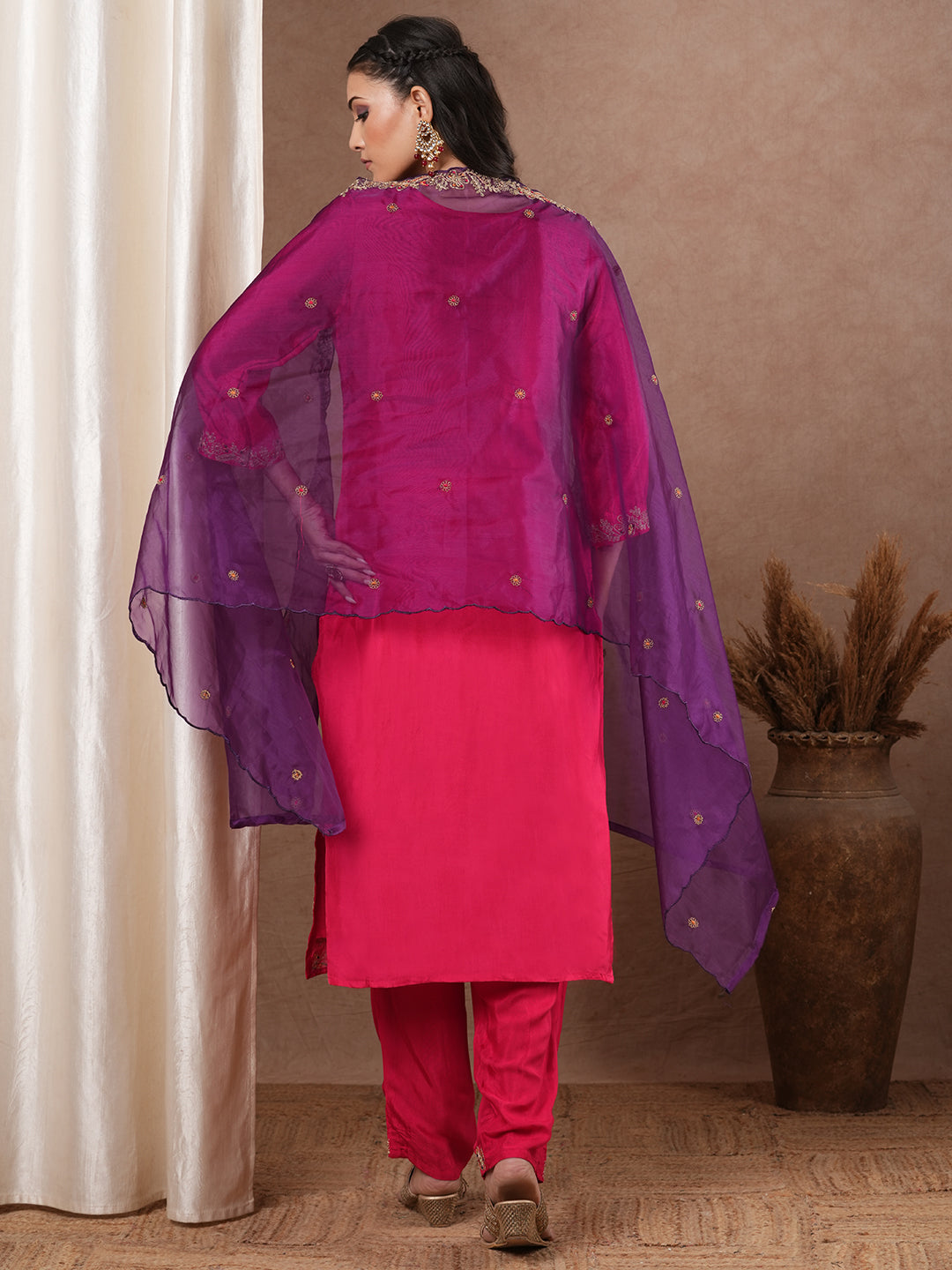 Solid Floral Embroidered Straight Fit Kurta with Pant and Dupatta - Pink
