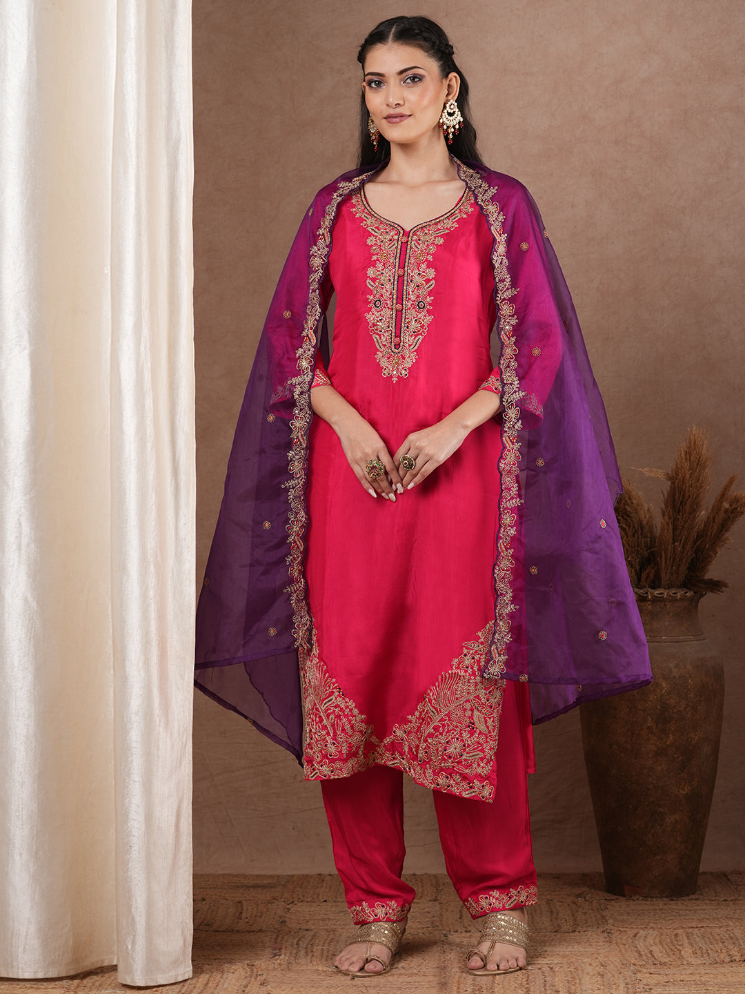 Solid Floral Embroidered Straight Fit Kurta with Pant and Dupatta - Pink