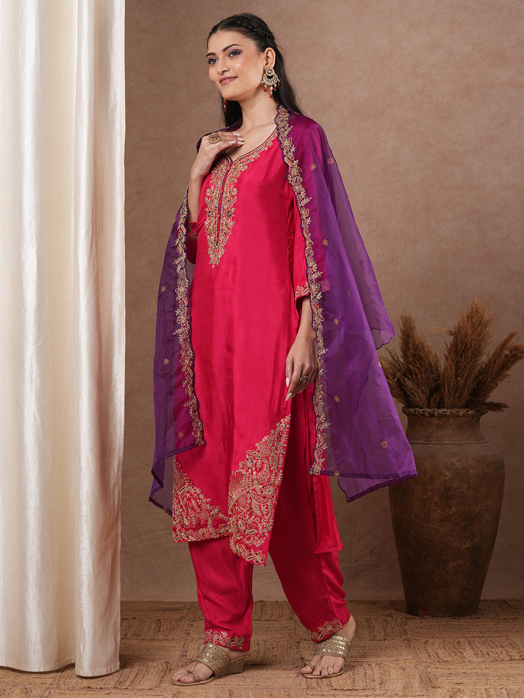 Solid Floral Embroidered Straight Fit Kurta with Pant and Dupatta - Pink