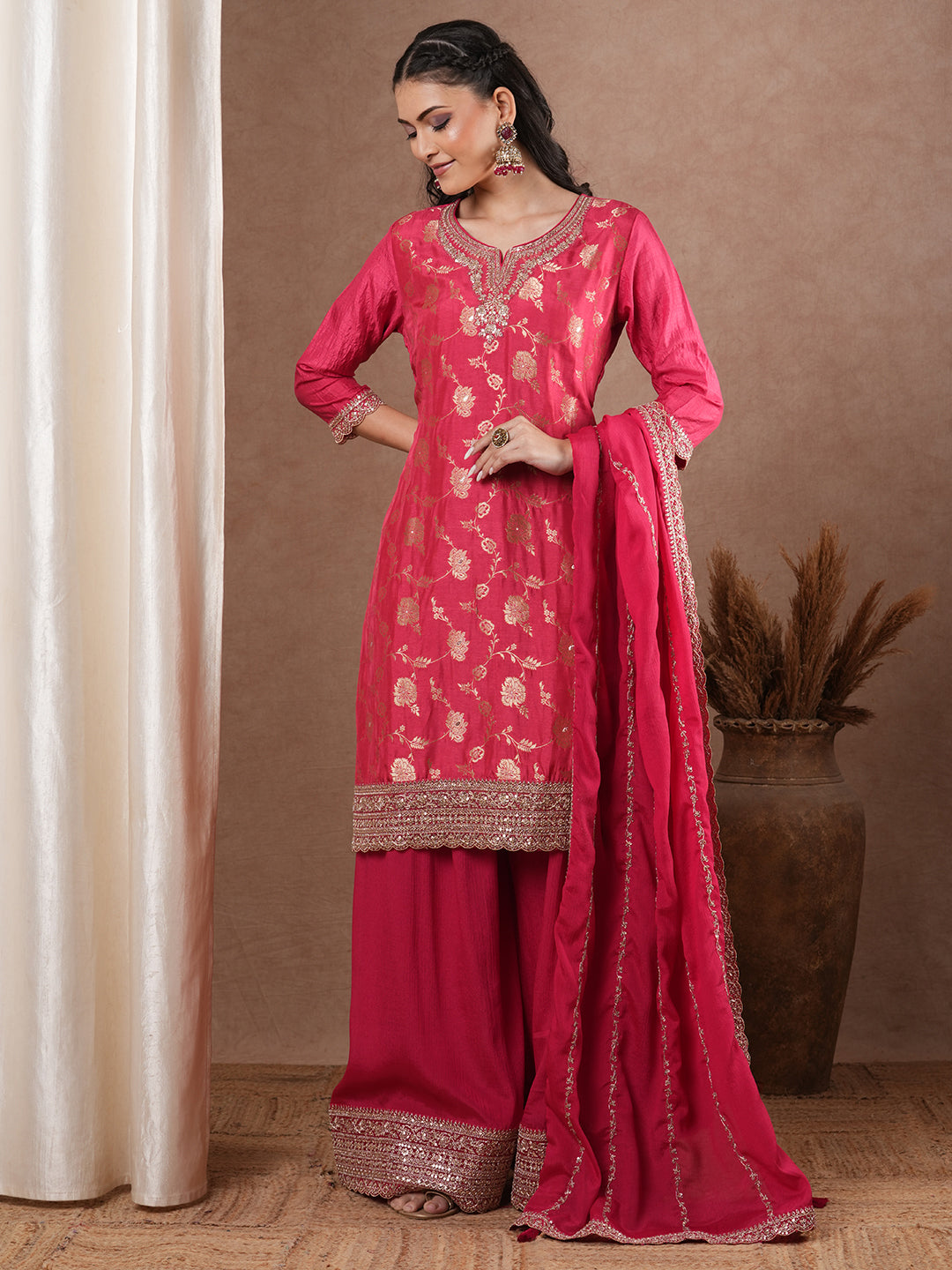 Ethnic Embroidered Jacquard Straight Kurta with Palazzo & Dupatta - Pink