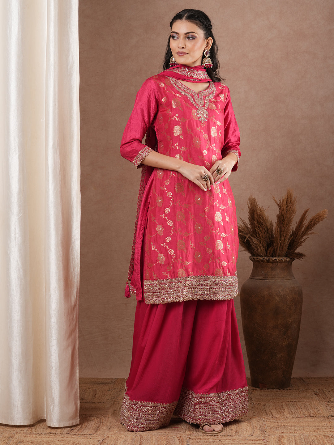 Ethnic Embroidered Jacquard Straight Kurta with Palazzo & Dupatta - Pink
