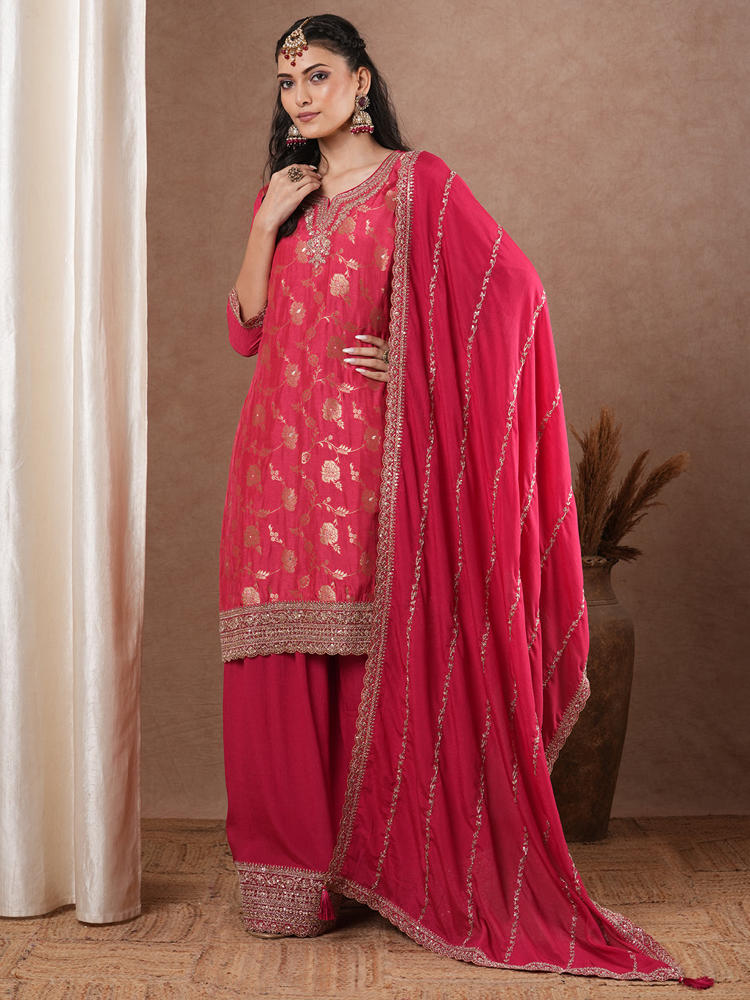 Ethnic Embroidered Jacquard Straight Kurta with Palazzo & Dupatta - Pink