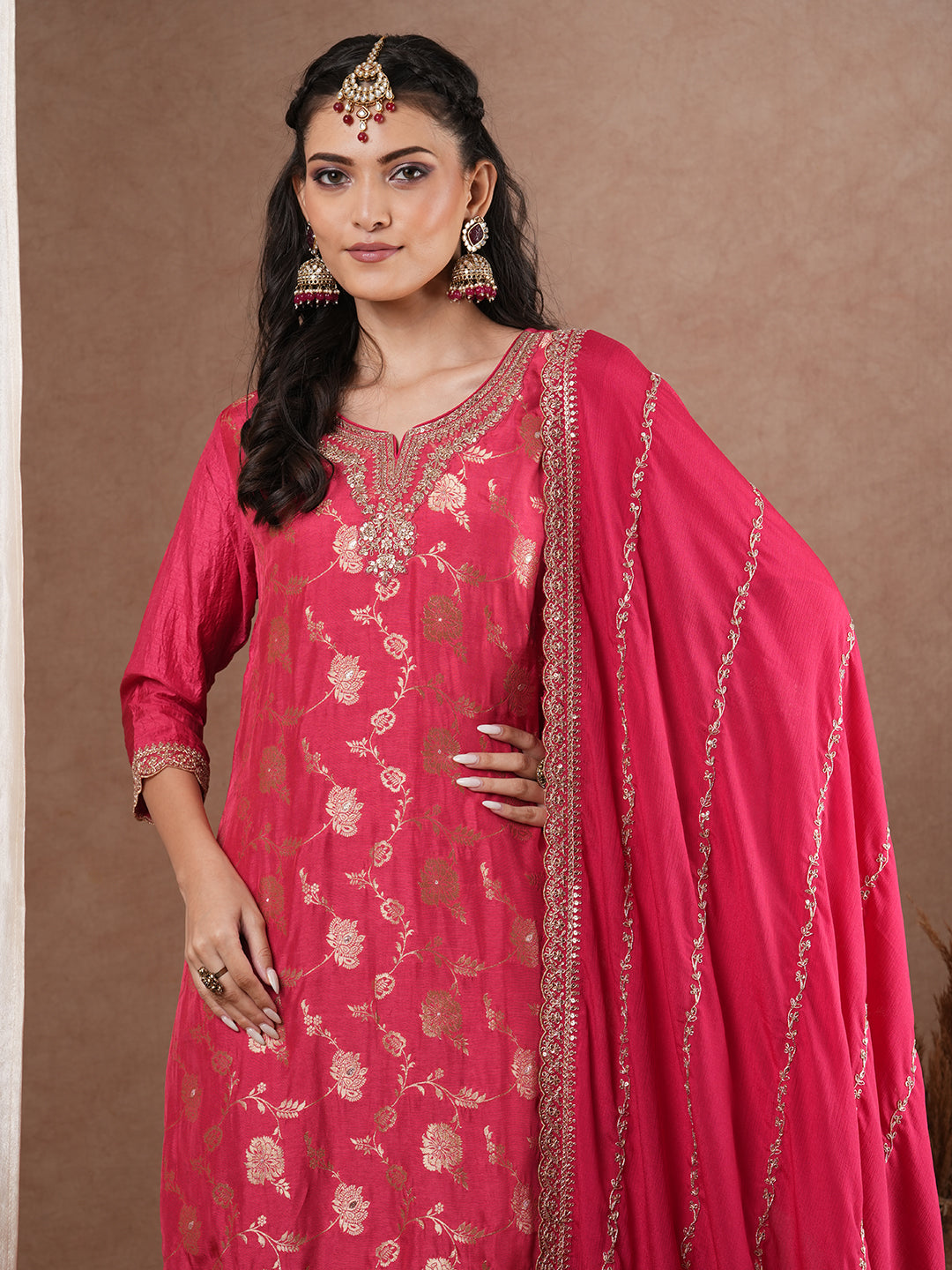 Ethnic Embroidered Jacquard Straight Kurta with Palazzo & Dupatta - Pink