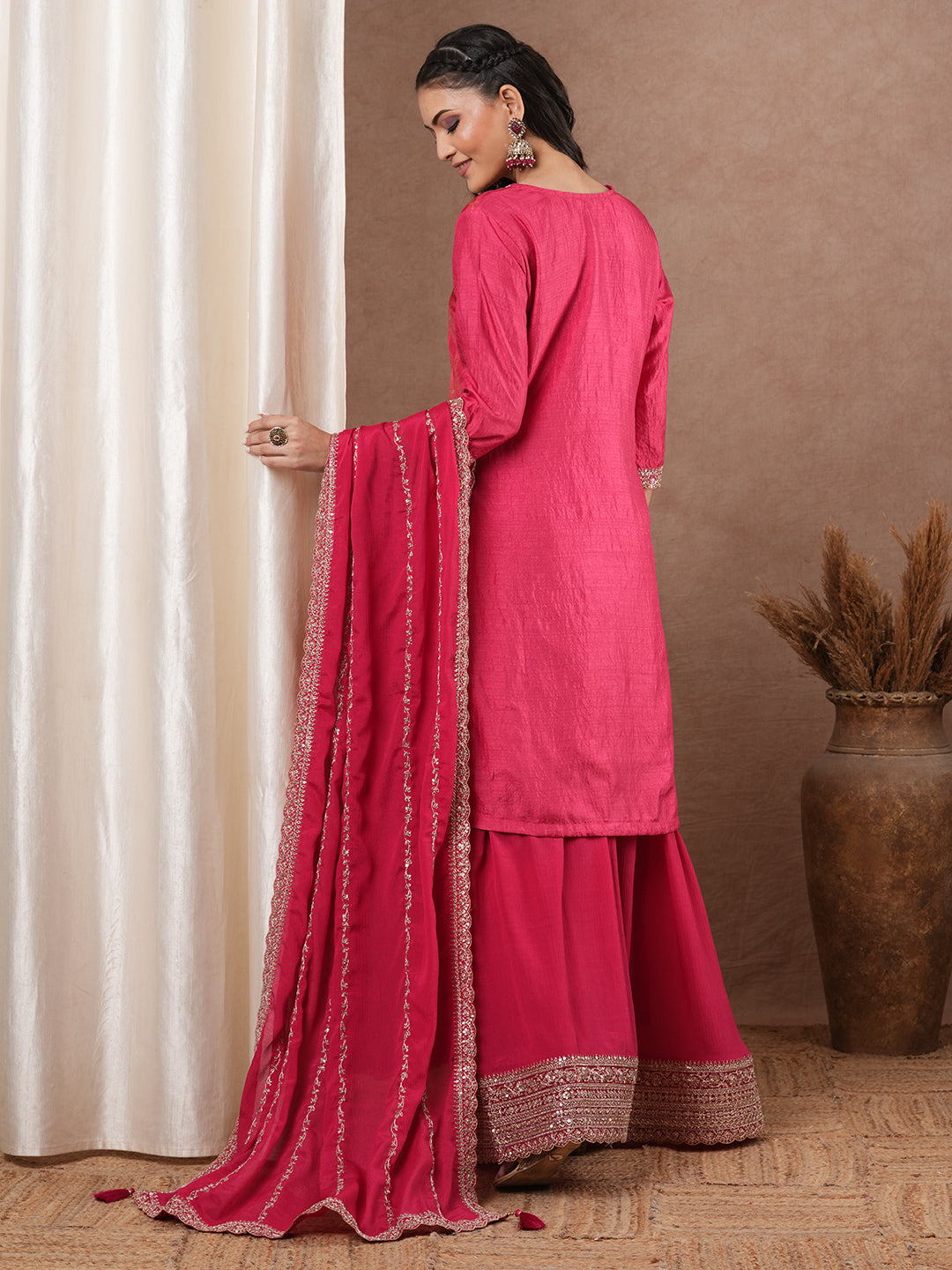 Ethnic Embroidered Jacquard Straight Kurta with Palazzo & Dupatta - Pink