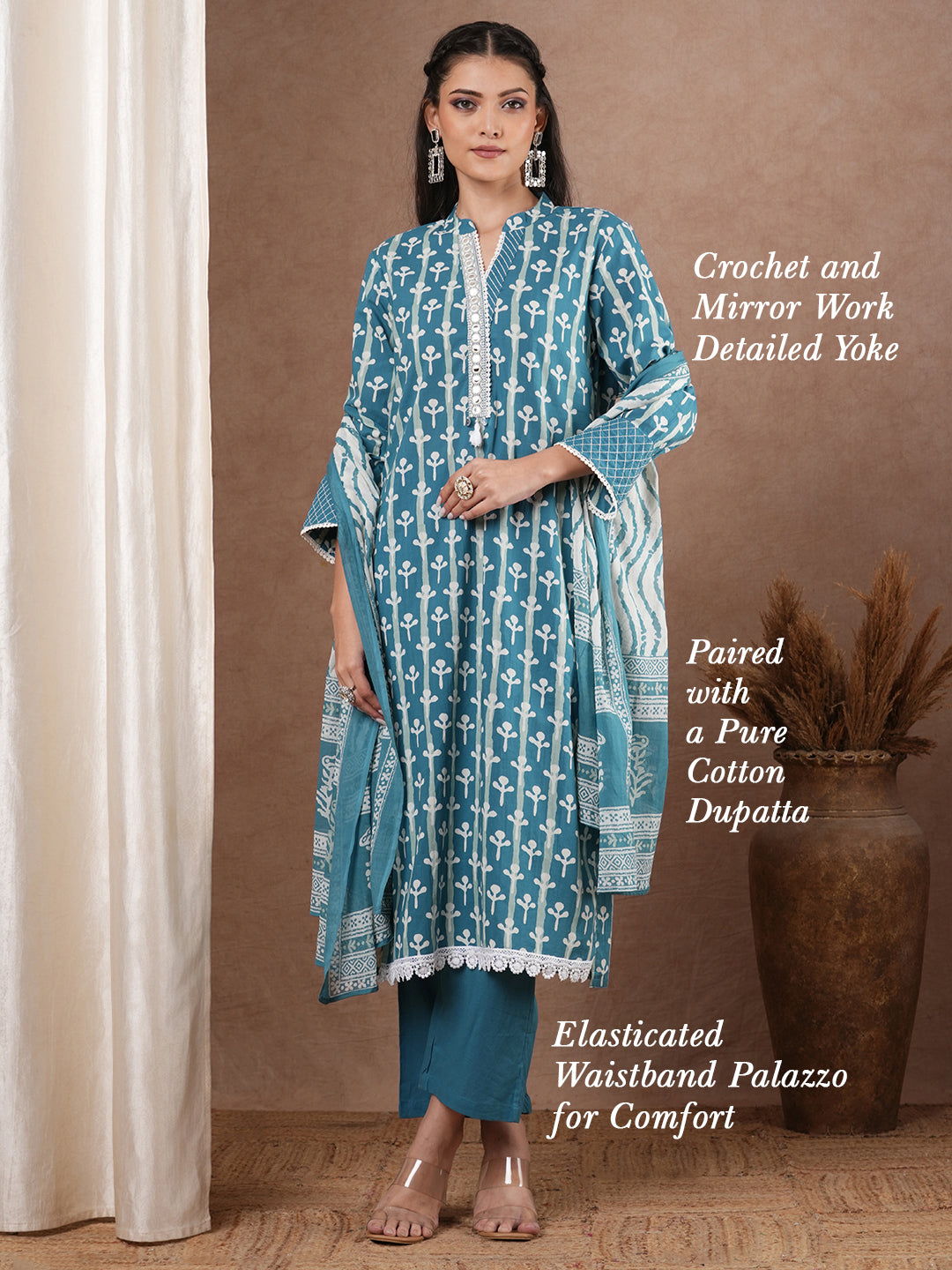 Ethnic Printed & Embroidered Straight Fit Kurta with Palazzo and Dupatta - Blue