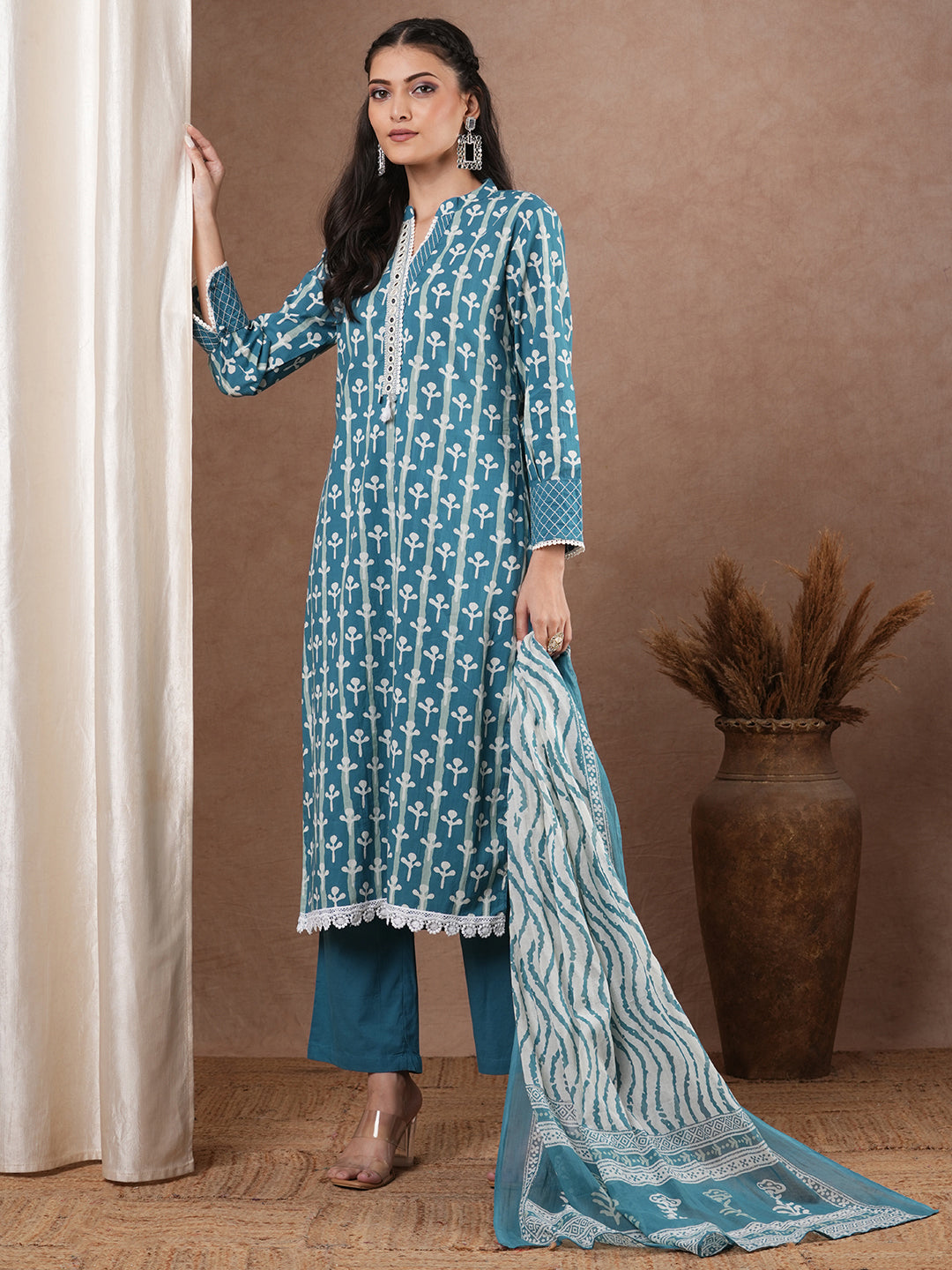 Ethnic Printed & Embroidered Straight Fit Kurta with Palazzo and Dupatta - Blue