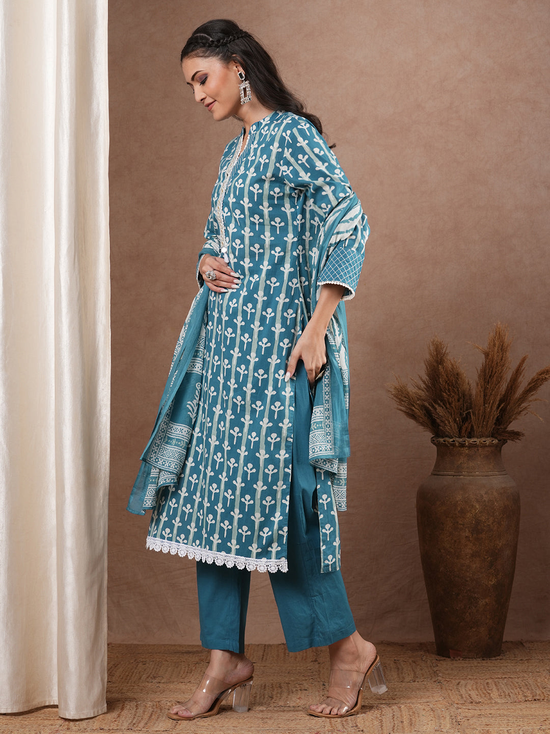 Ethnic Printed & Embroidered Straight Fit Kurta with Palazzo and Dupatta - Blue