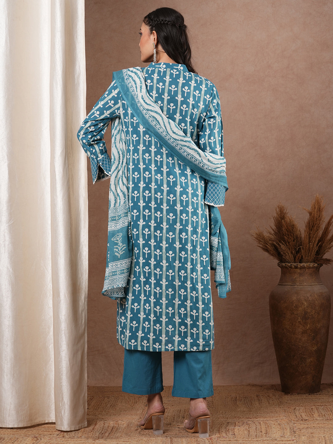 Ethnic Printed & Embroidered Straight Fit Kurta with Palazzo and Dupatta - Blue