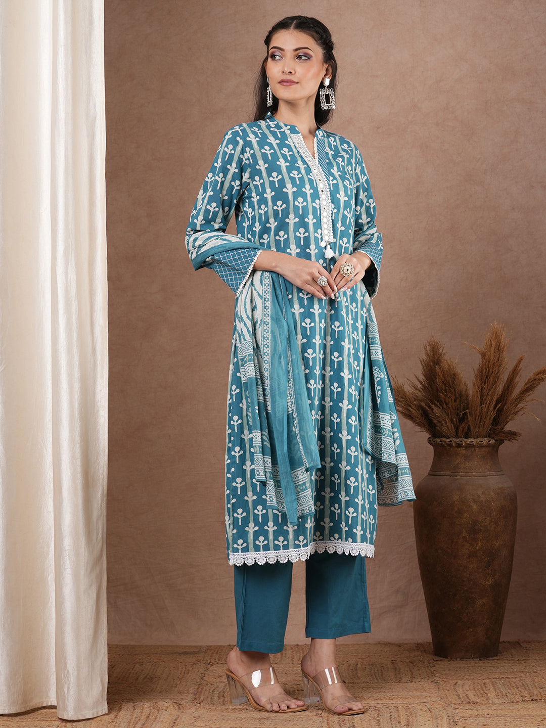 Ethnic Printed & Embroidered Straight Fit Kurta with Palazzo and Dupatta - Blue