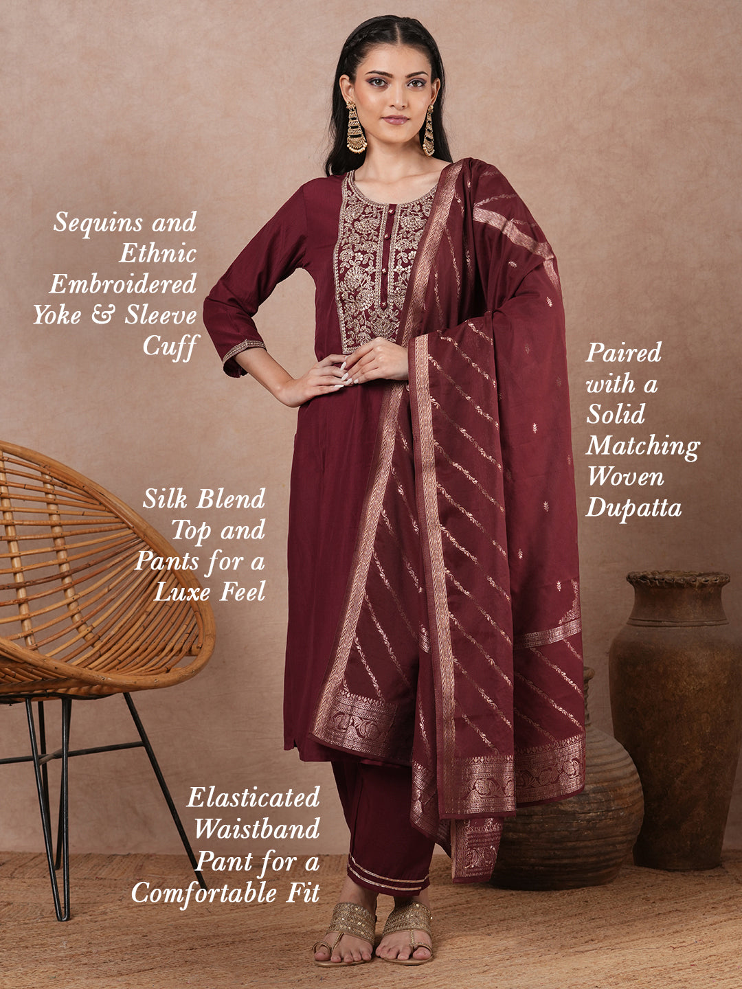 Solid Ethnic Floral Embroidered Straight Kurta with Pant & Dupatta - Maroon