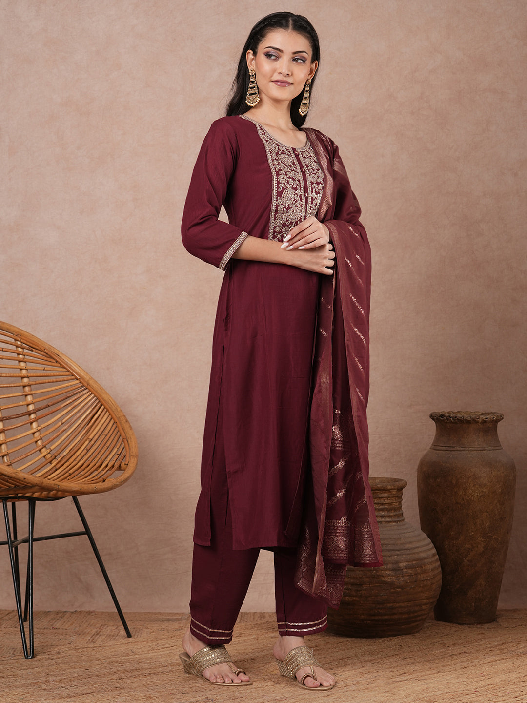 Solid Ethnic Floral Embroidered Straight Kurta with Pant & Dupatta - Maroon