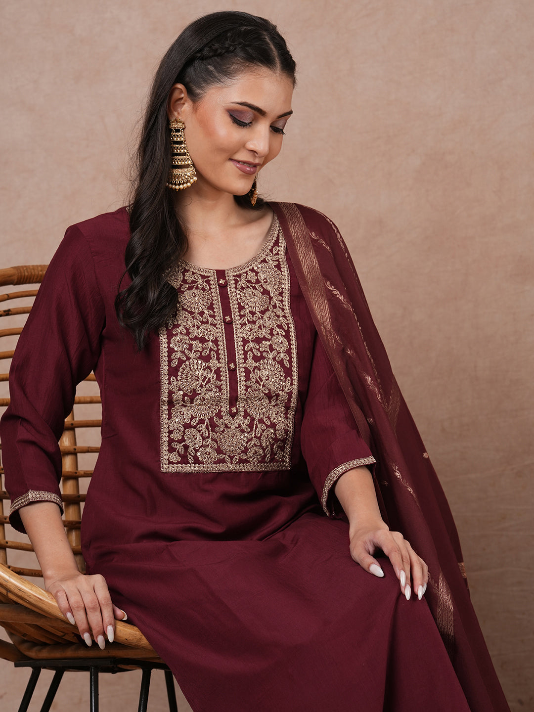Solid Ethnic Floral Embroidered Straight Kurta with Pant & Dupatta - Maroon