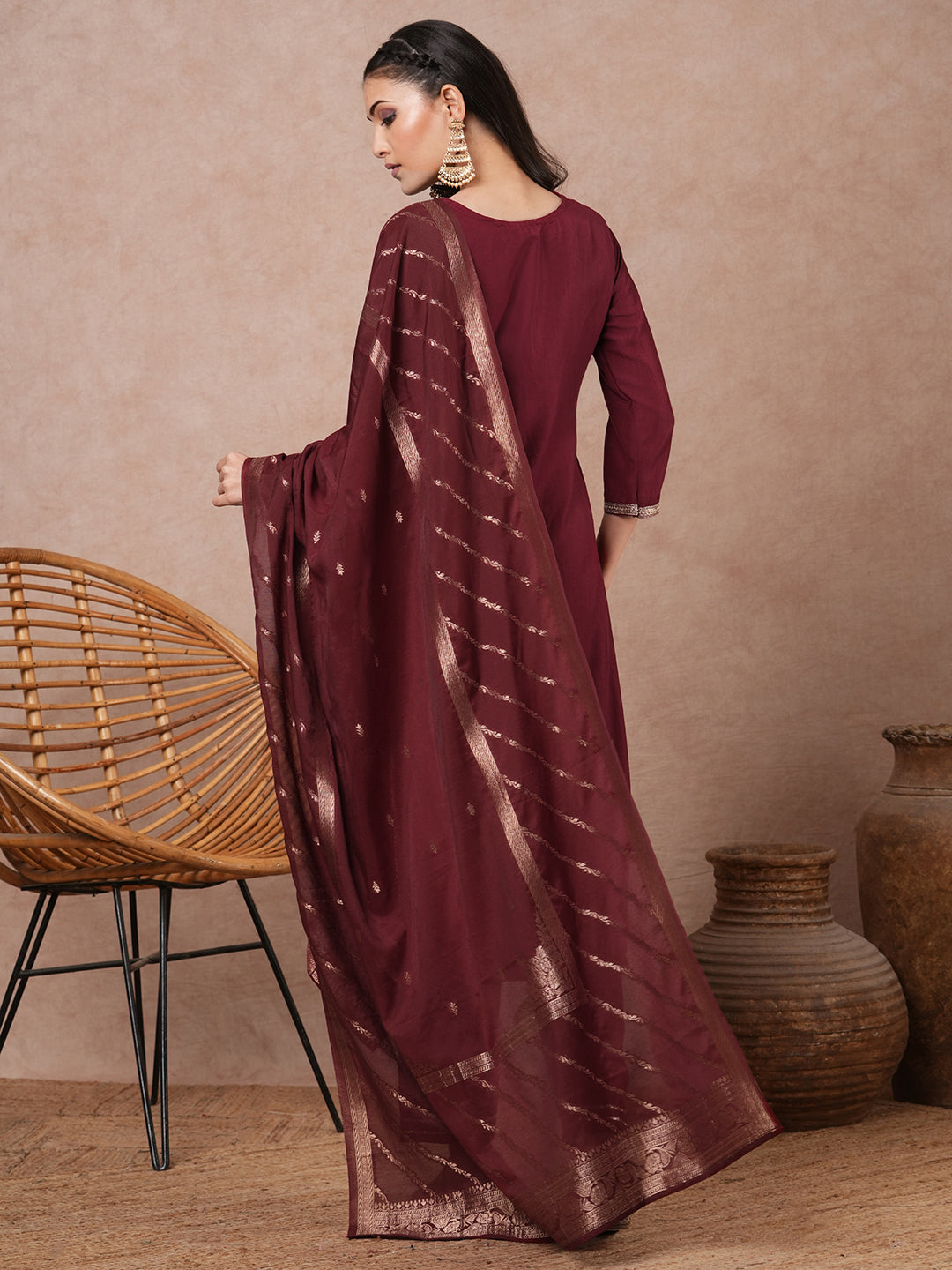 Solid Ethnic Floral Embroidered Straight Kurta with Pant & Dupatta - Maroon