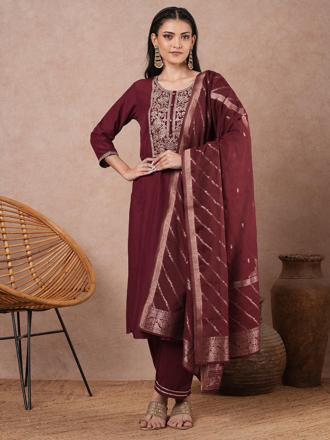 Solid Ethnic Floral Embroidered Straight Kurta with Pant & Dupatta - Maroon