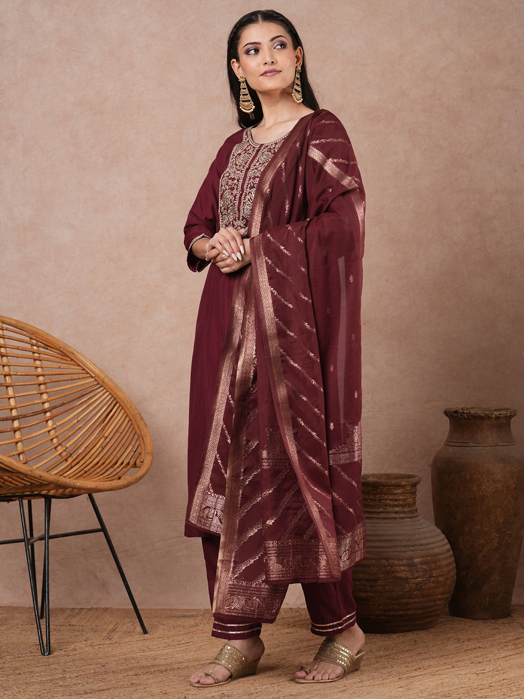 Solid Ethnic Floral Embroidered Straight Kurta with Pant & Dupatta - Maroon