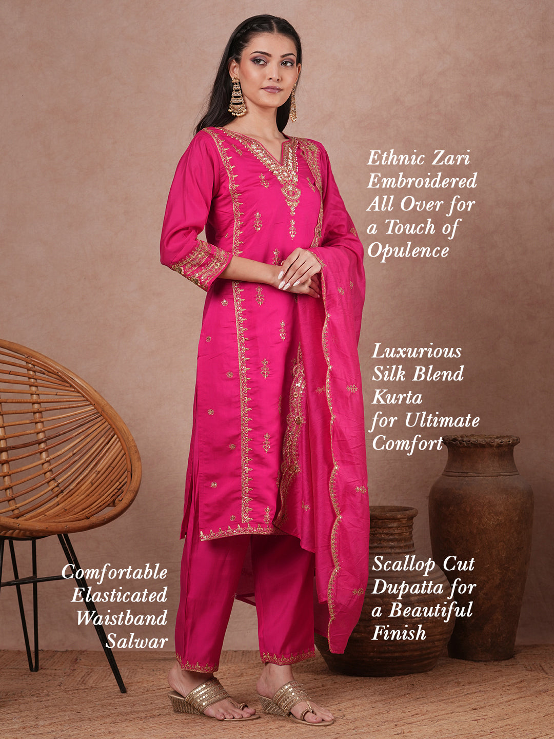 Solid Ethnic Zari Embroidered Straight Kurta with Salwar & Dupatta - Pink
