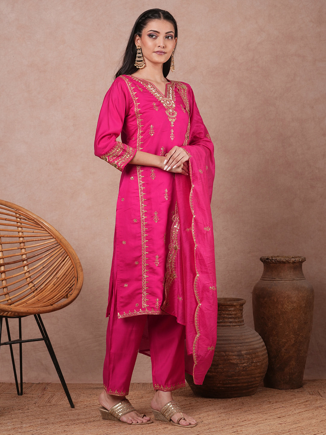 Solid Ethnic Zari Embroidered Straight Kurta with Salwar & Dupatta - Pink