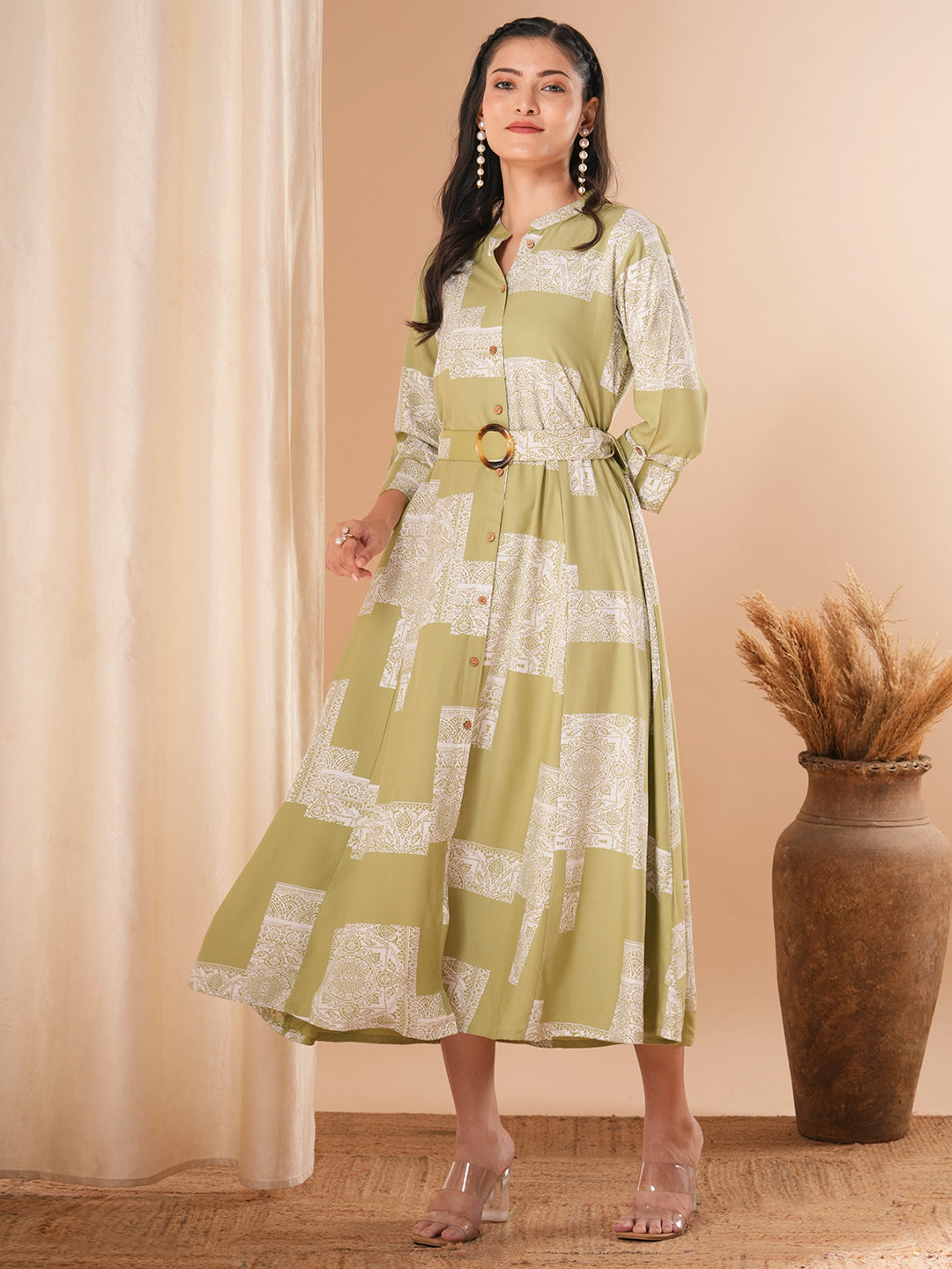 Ethnic Geometric Printed A-Line Flared Midi Dress with Belt - Light Green