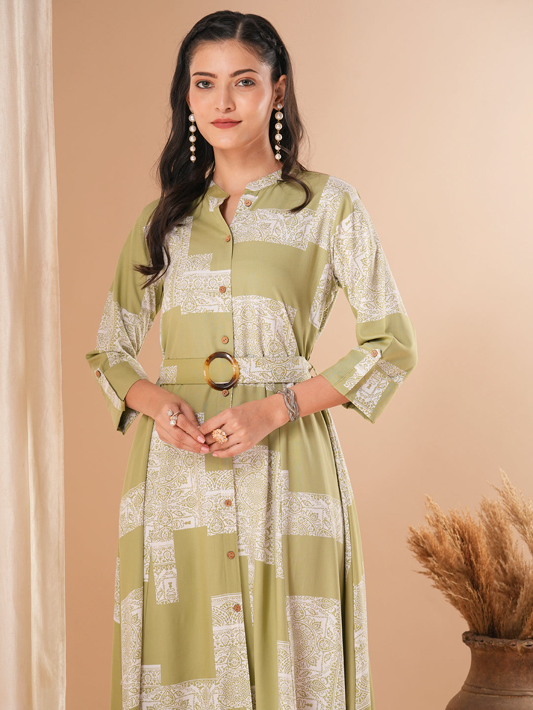 Ethnic Geometric Printed A-Line Flared Midi Dress with Belt - Light Green