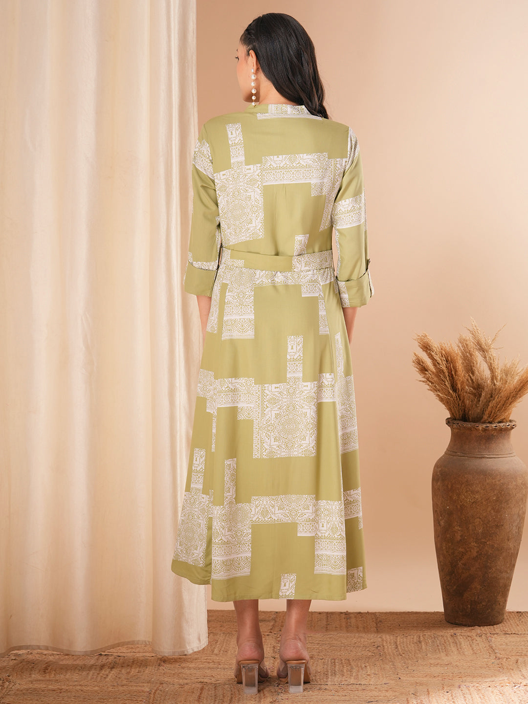 Ethnic Geometric Printed A-Line Flared Midi Dress with Belt - Light Green