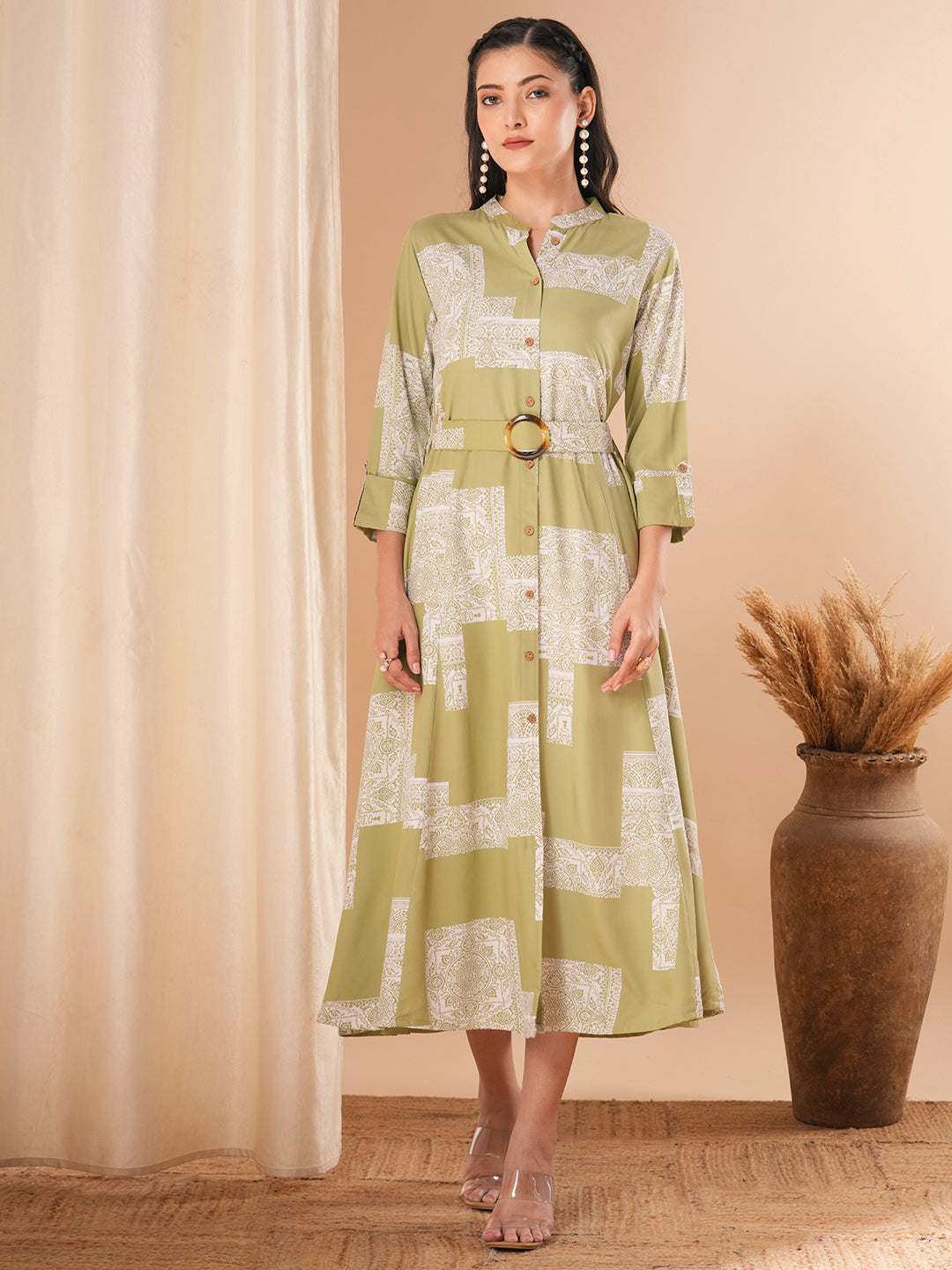 Ethnic Geometric Printed A-Line Flared Midi Dress with Belt - Light Green