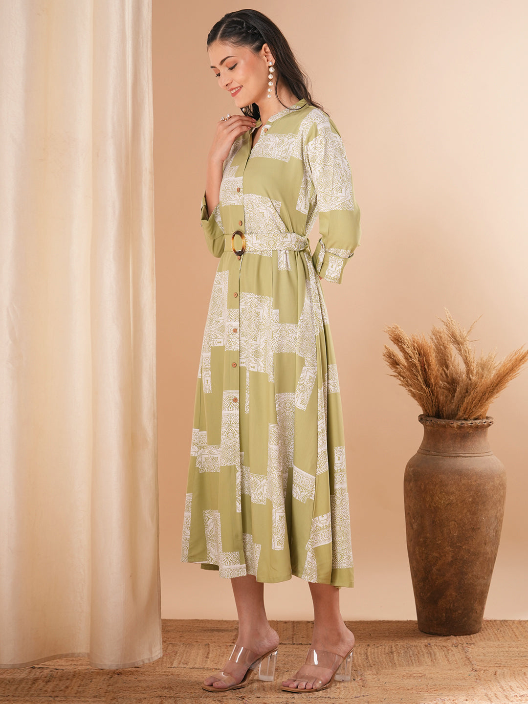 Ethnic Geometric Printed A-Line Flared Midi Dress with Belt - Light Green