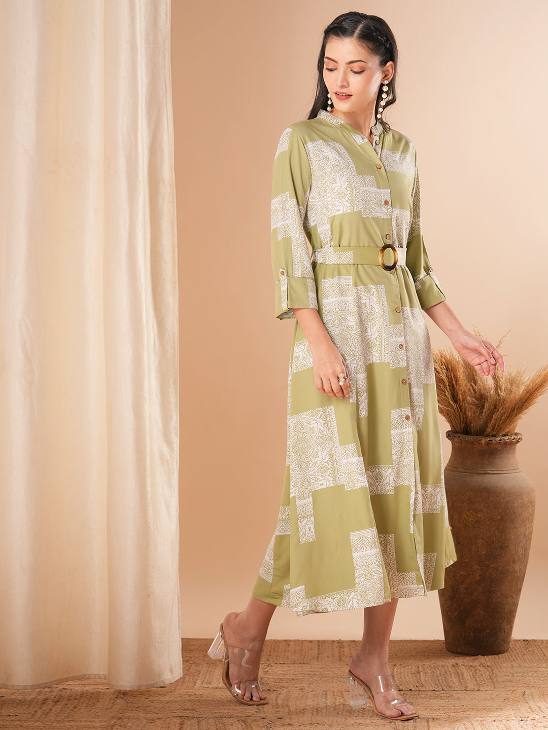 Ethnic Geometric Printed A-Line Flared Midi Dress with Belt - Light Green