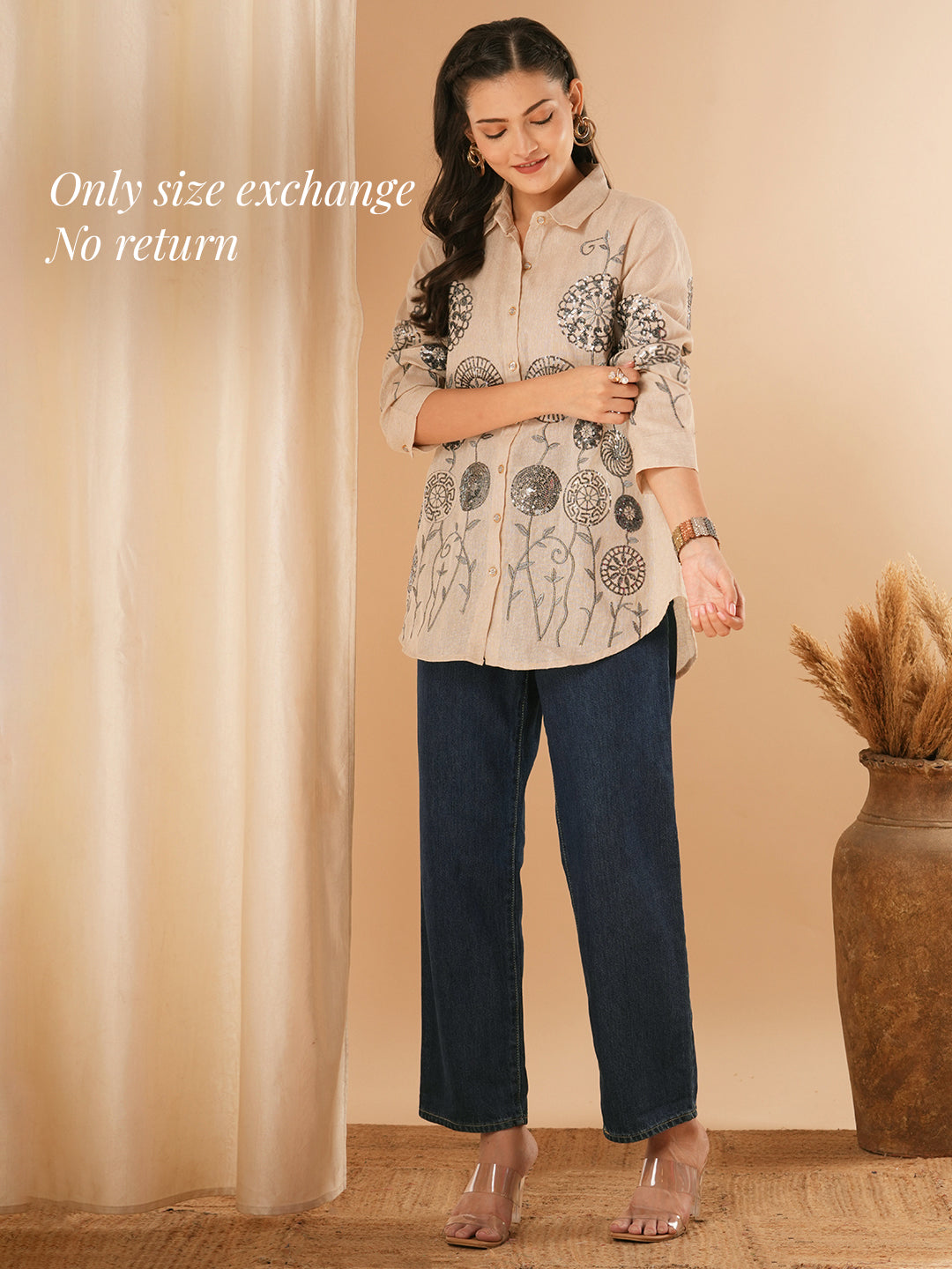 Solid Floral Embroidered Straight Fit Shirt - Beige