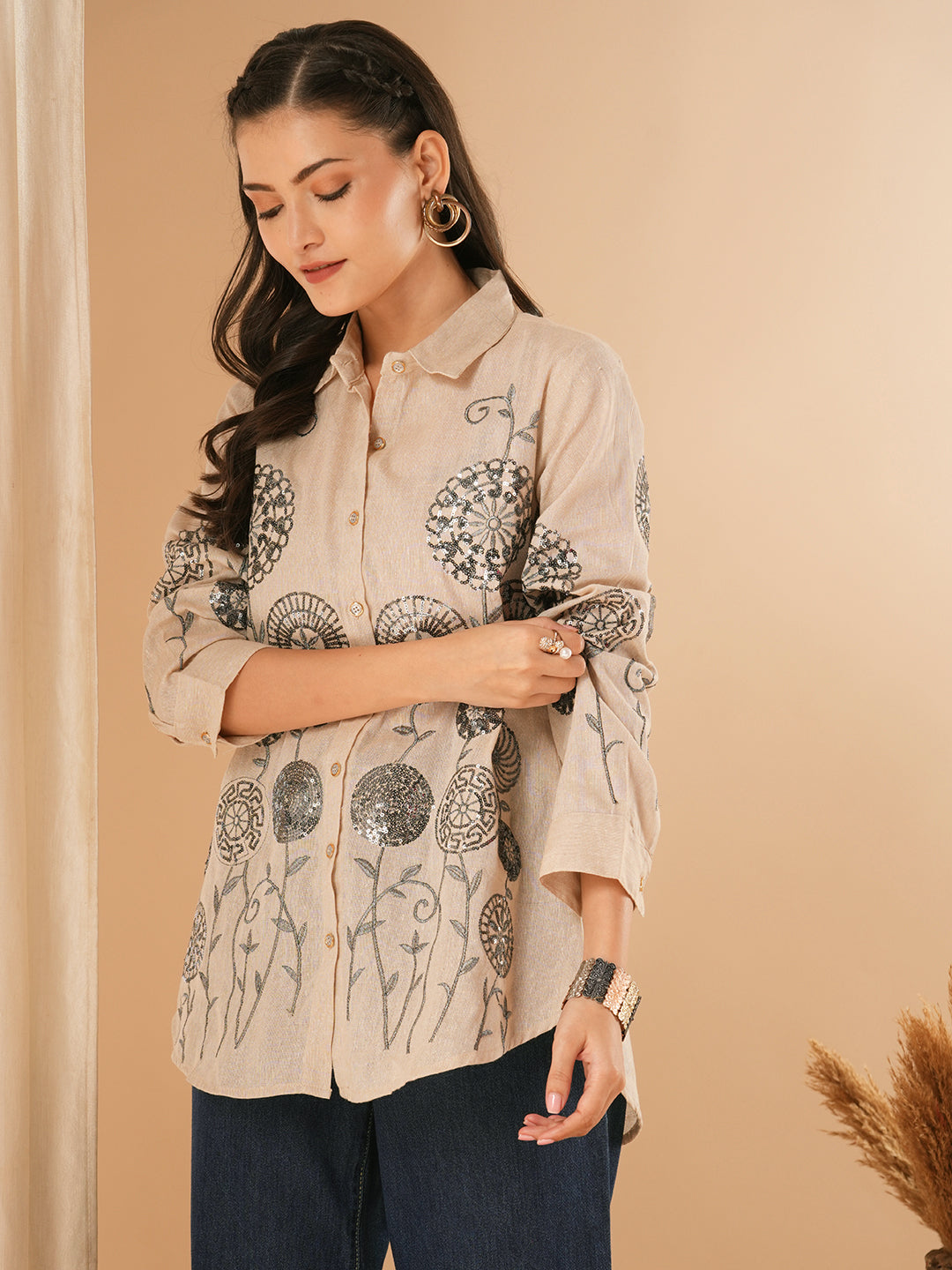 Solid Floral Embroidered Straight Fit Shirt - Beige