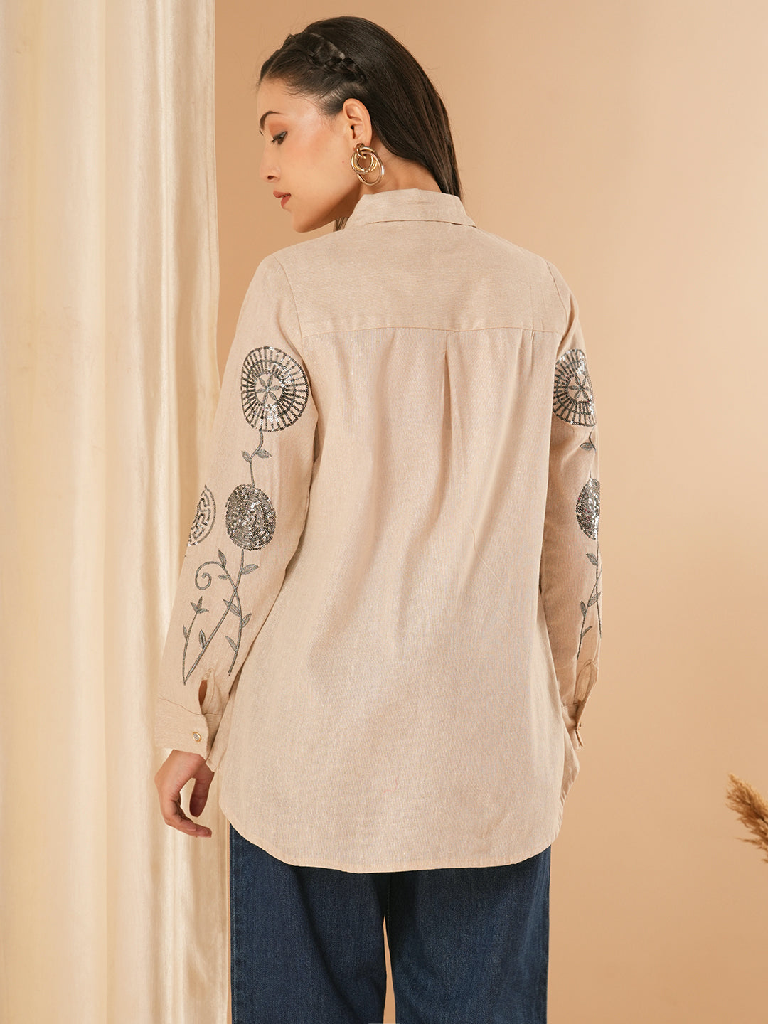 Solid Floral Embroidered Straight Fit Shirt - Beige