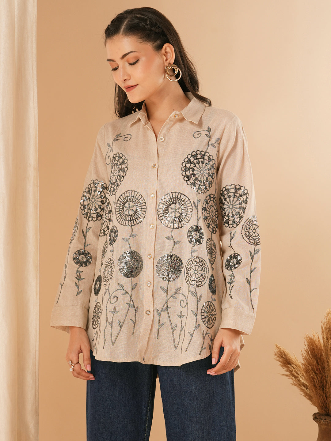 Solid Floral Embroidered Straight Fit Shirt - Beige