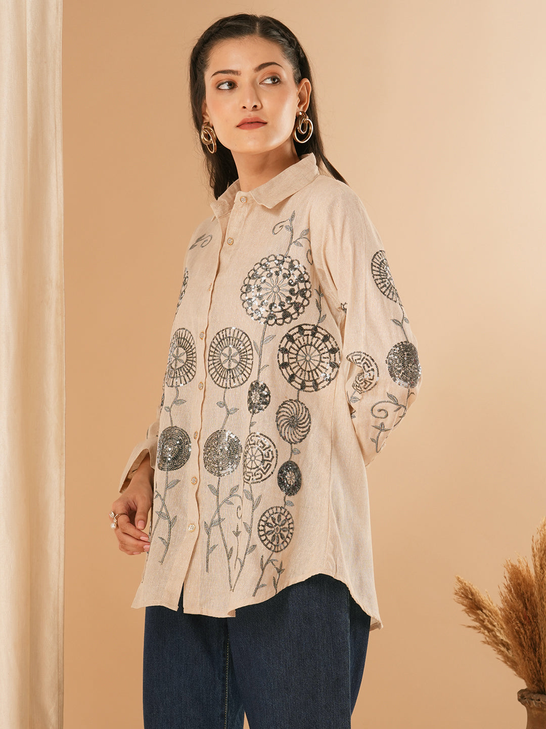 Solid Floral Embroidered Straight Fit Shirt - Beige