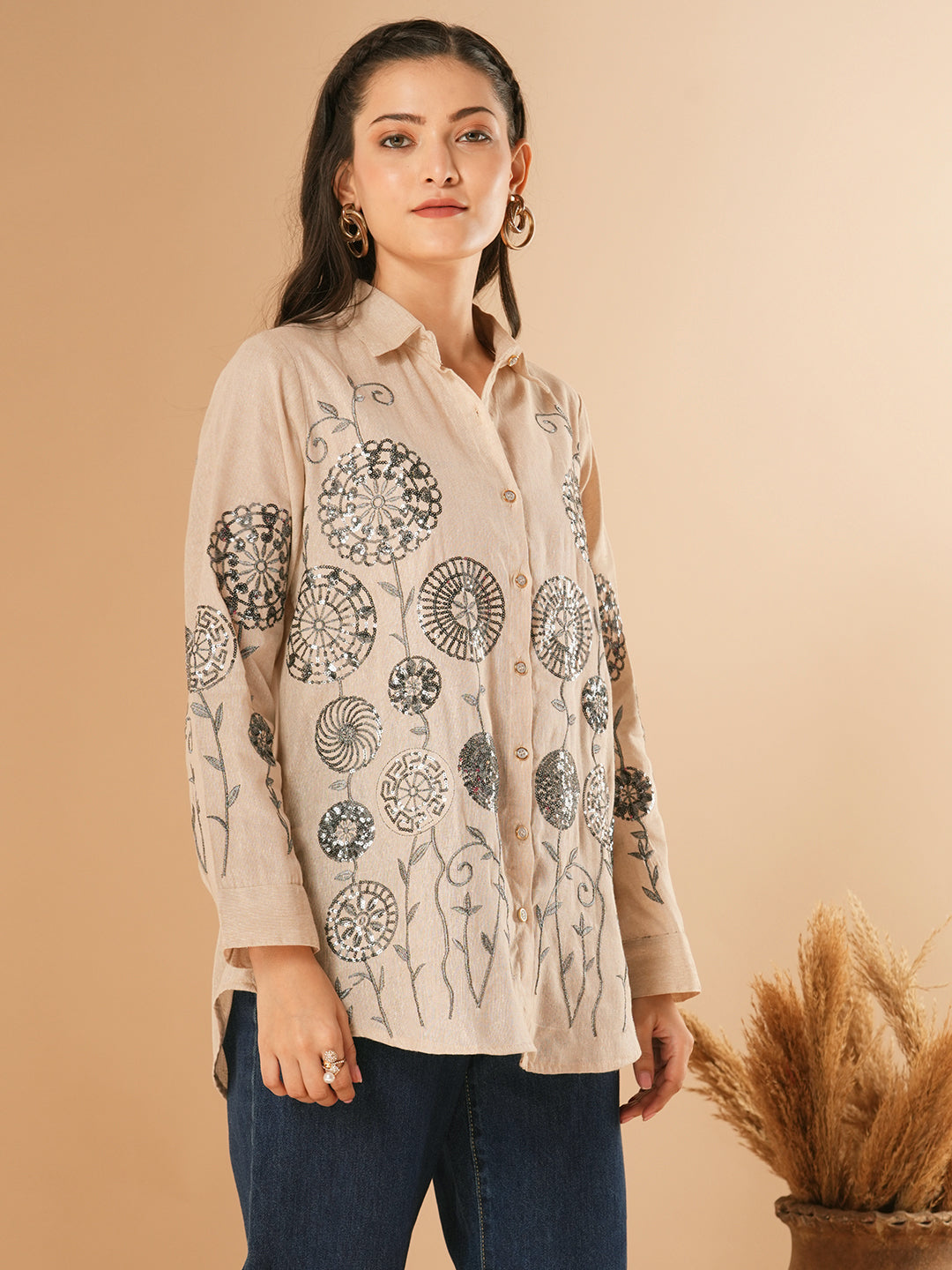 Solid Floral Embroidered Straight Fit Shirt - Beige