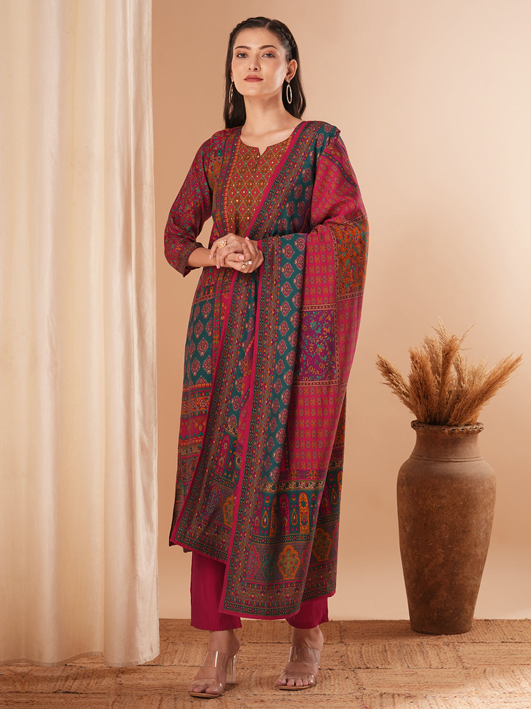 Ethnic Floral Printed & Embroidered Straight Fit Kurta with Pant and Dupatta - Multi