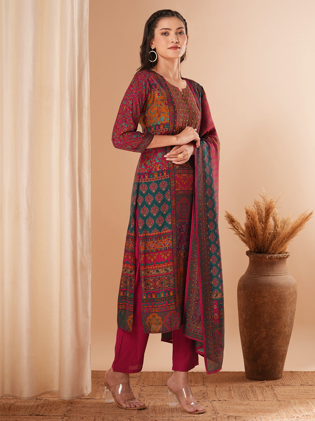 Ethnic Floral Printed & Embroidered Straight Fit Kurta with Pant and Dupatta - Multi