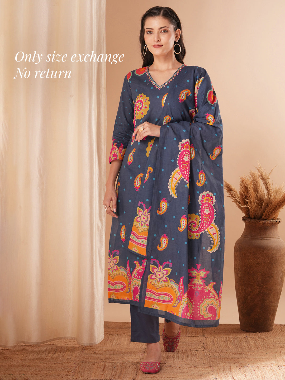 Floral Printed & Embroidered Straight Kurta with Pant & Dupatta - Blue