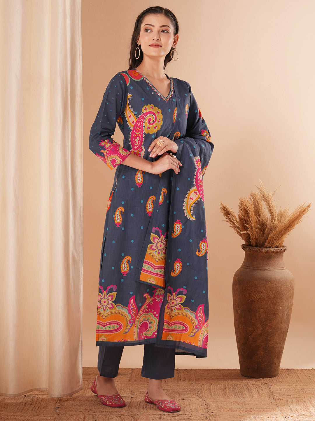 Floral Printed & Embroidered Straight Kurta with Pant & Dupatta - Blue