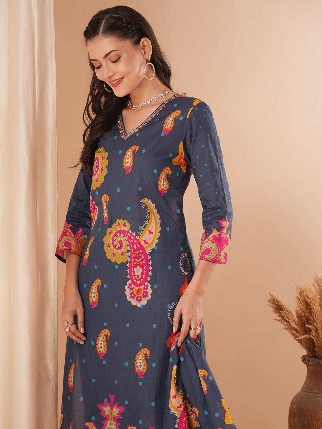 Floral Printed & Embroidered Straight Kurta with Pant & Dupatta - Blue