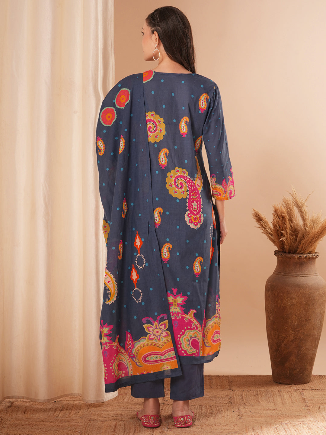 Floral Printed & Embroidered Straight Kurta with Pant & Dupatta - Blue