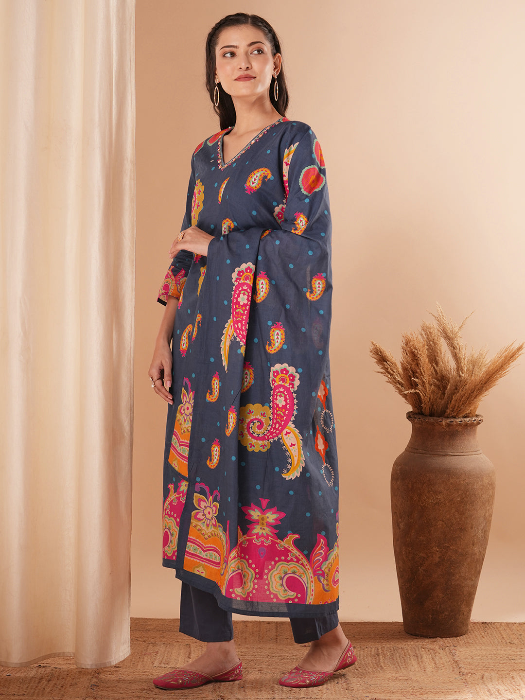 Floral Printed & Embroidered Straight Kurta with Pant & Dupatta - Blue