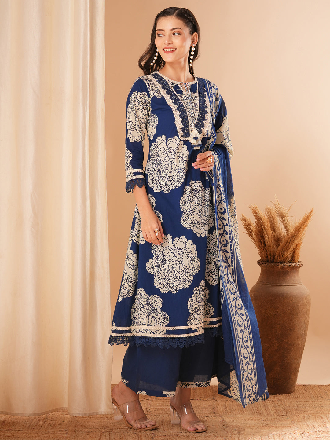 Floral Printed & Embroidered A-Line Kurta with Pant & Dupatta - Blue
