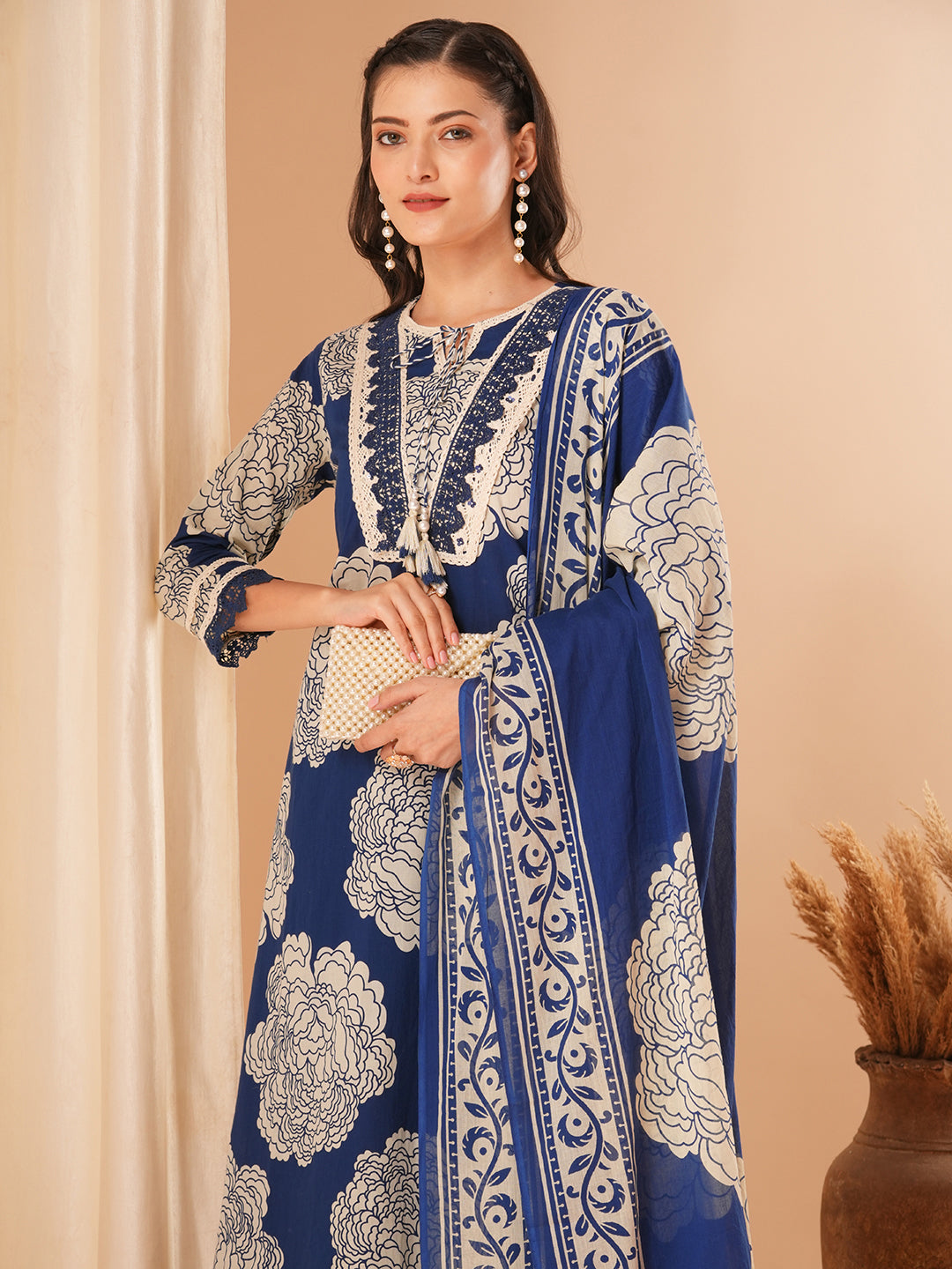 Floral Printed & Embroidered A-Line Kurta with Pant & Dupatta - Blue